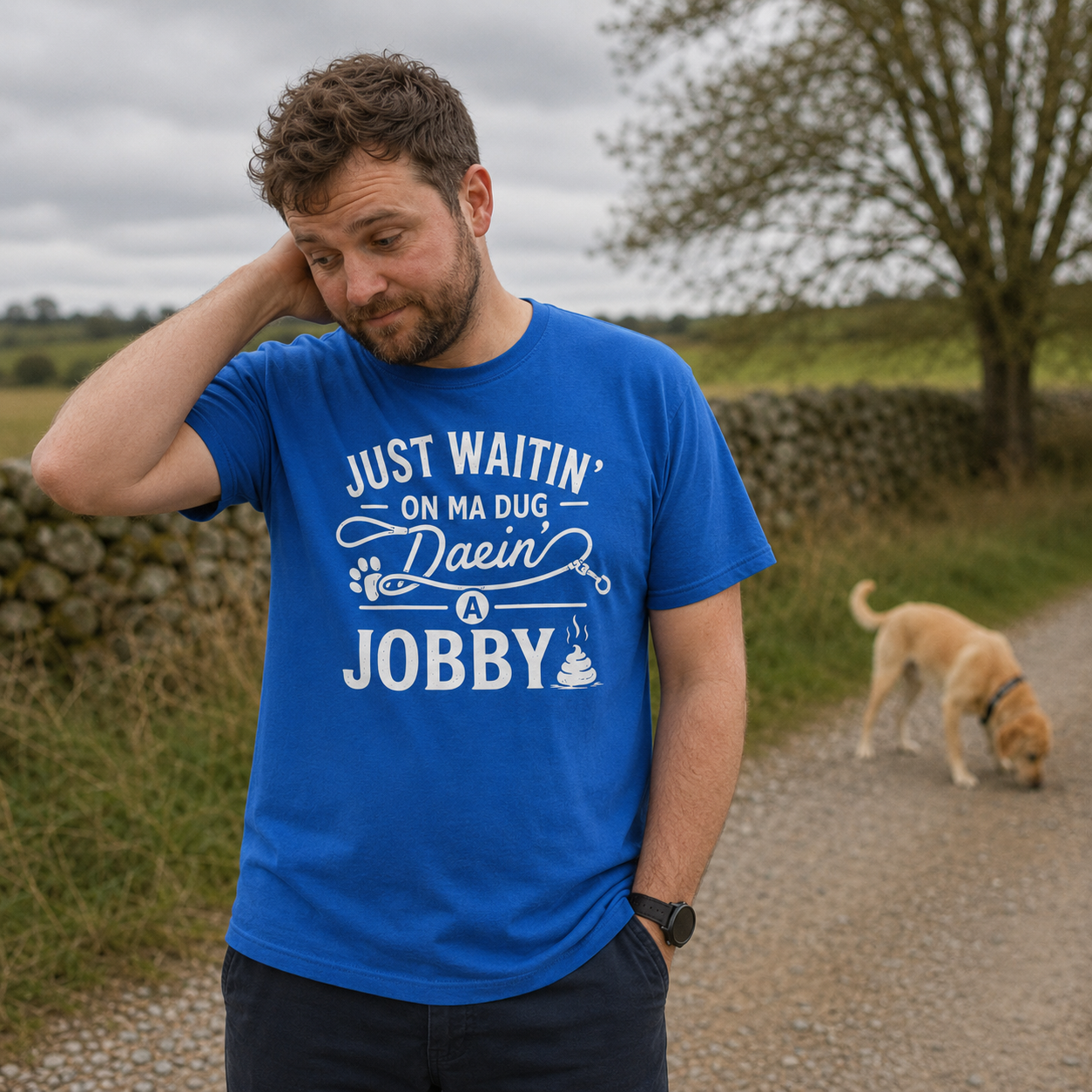 “Just Waitin’ On My Dug Daein’ A Jobby“ Premium Soft T-Shirt