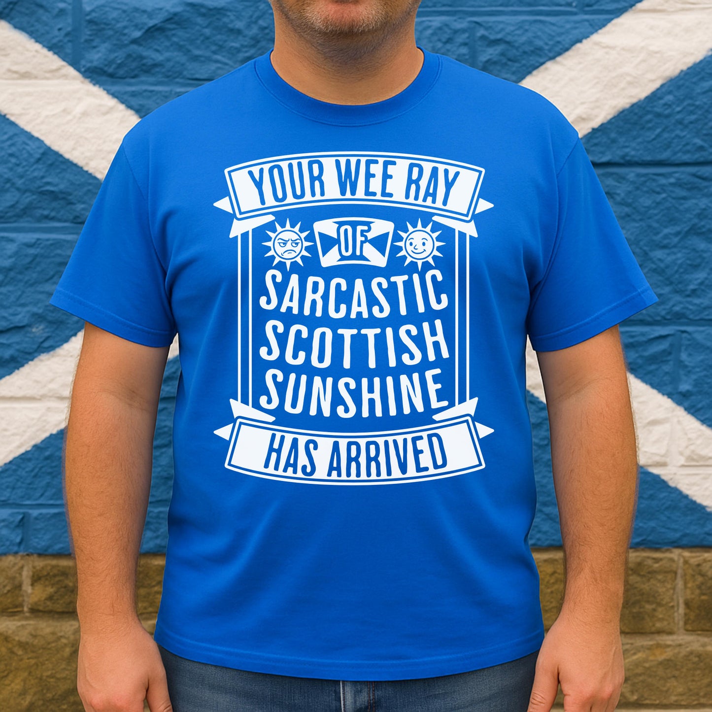 Person wearing a blue t-shirt with white text in front of a blue wall with white stripes.