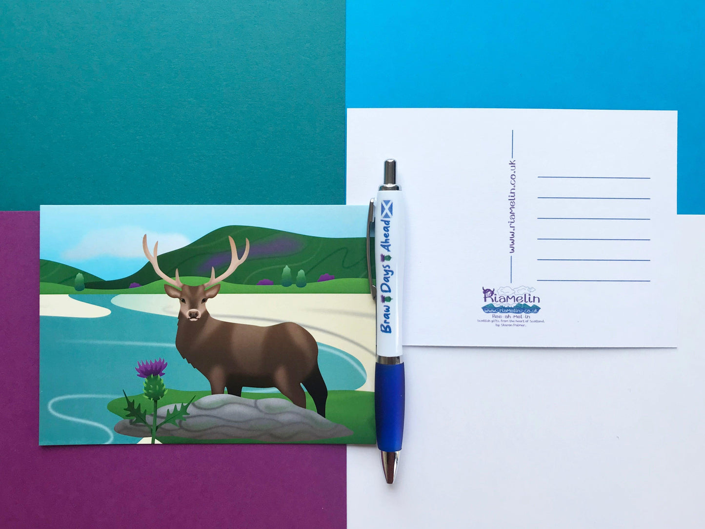 Stag Lover Gift Set, Red Deer Enamel Pin with Scottish Thistles, Postcard and Sticker from Scotland