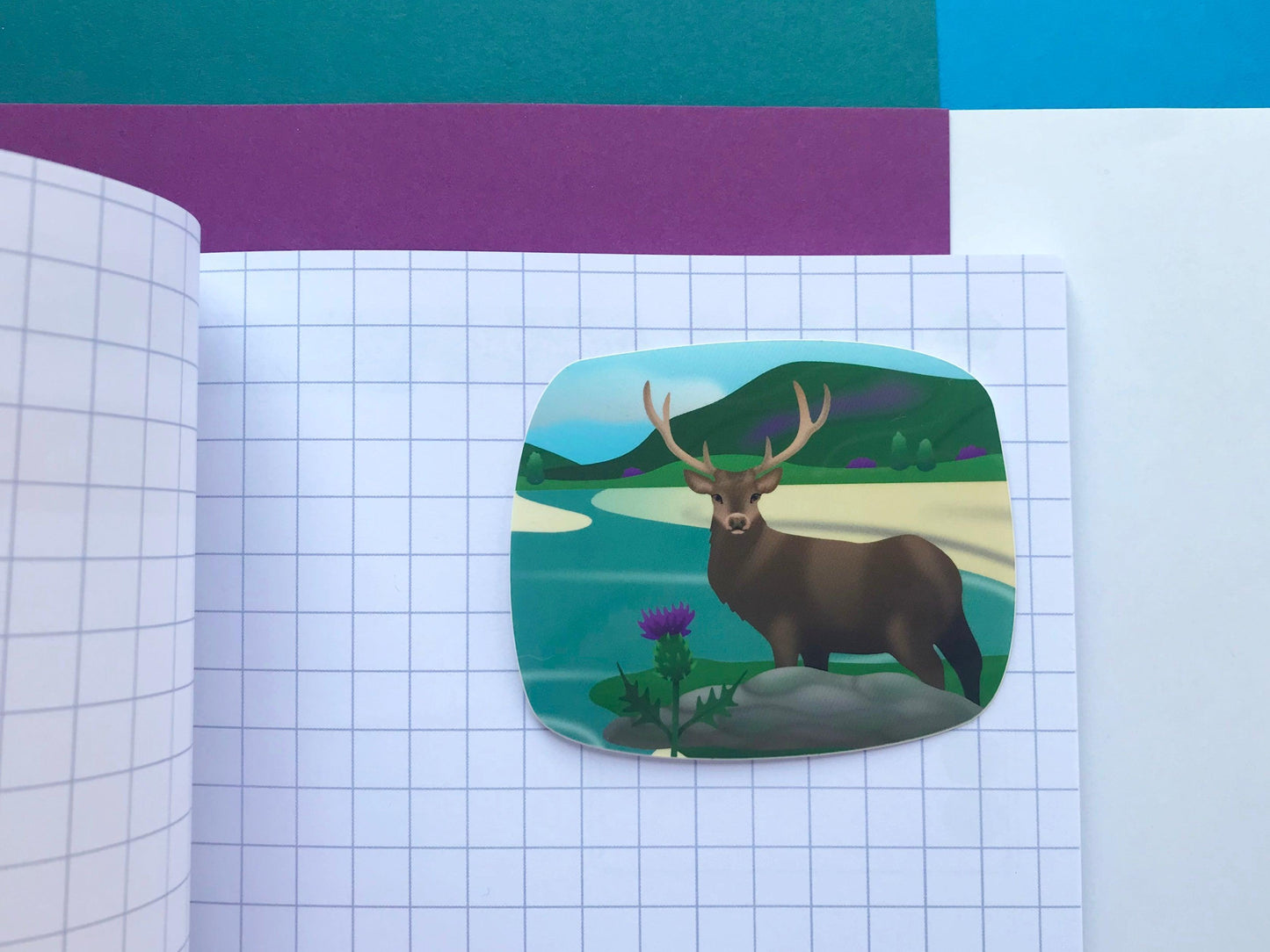 Stag Lover Gift Set, Red Deer Enamel Pin with Scottish Thistles, Postcard and Sticker from Scotland