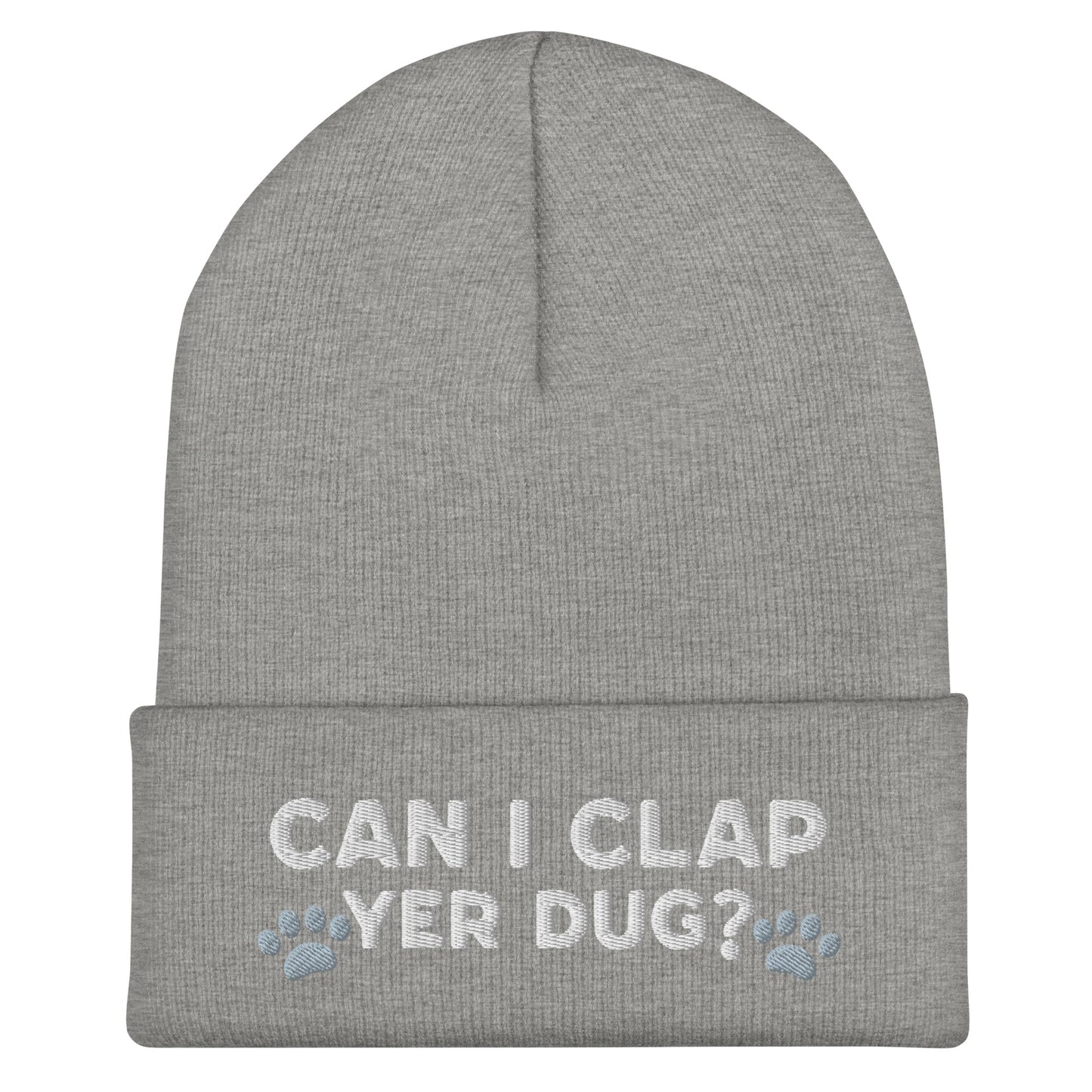 Gray Embroidered Scottish Beanie Hat β "Can I Clap Yer Dug?" design by Sarcastic Scots