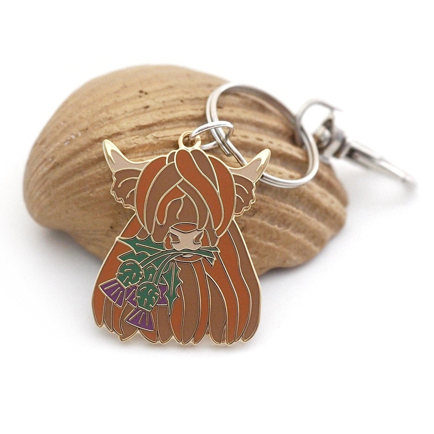 Highland Cow Thistle Enamel Keyring