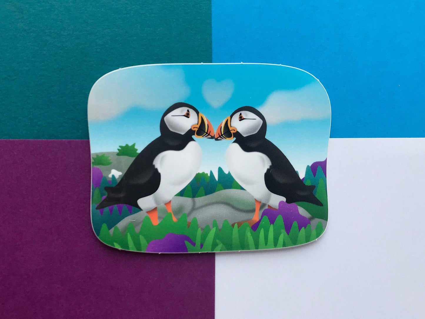 Puffin Lover Gift Set, Enamel Pin with Scottish Thistles, Keychain, Postcard and Sticker from Scotland