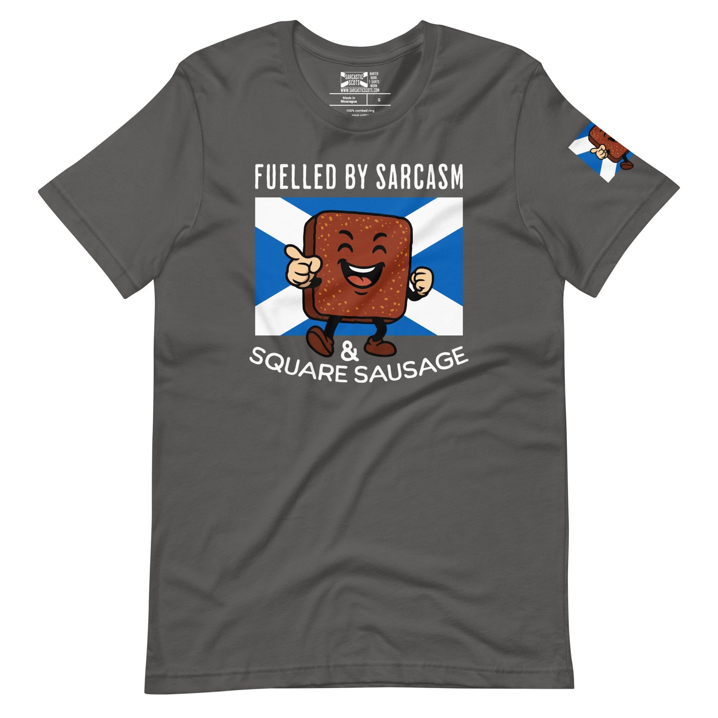 Gray Scottish T-Shirt featuring the slogan "Fuelled By Sarcasm And Square Sausage" by Sarcastic Scots