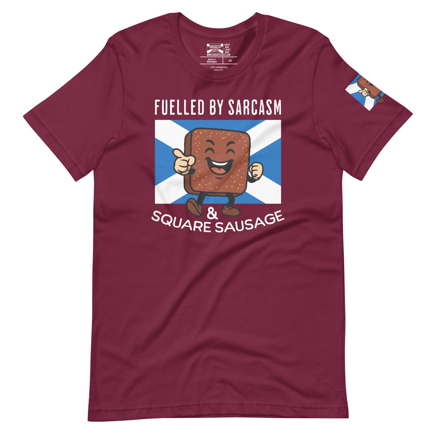 Maroon Scottish T-Shirt featuring the slogan "Fuelled By Sarcasm And Square Sausage" by Sarcastic Scots