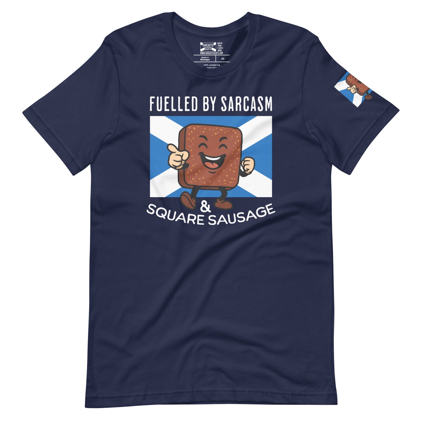 Navy Scottish T-Shirt featuring the slogan "Fuelled By Sarcasm And Square Sausage" by Sarcastic Scots