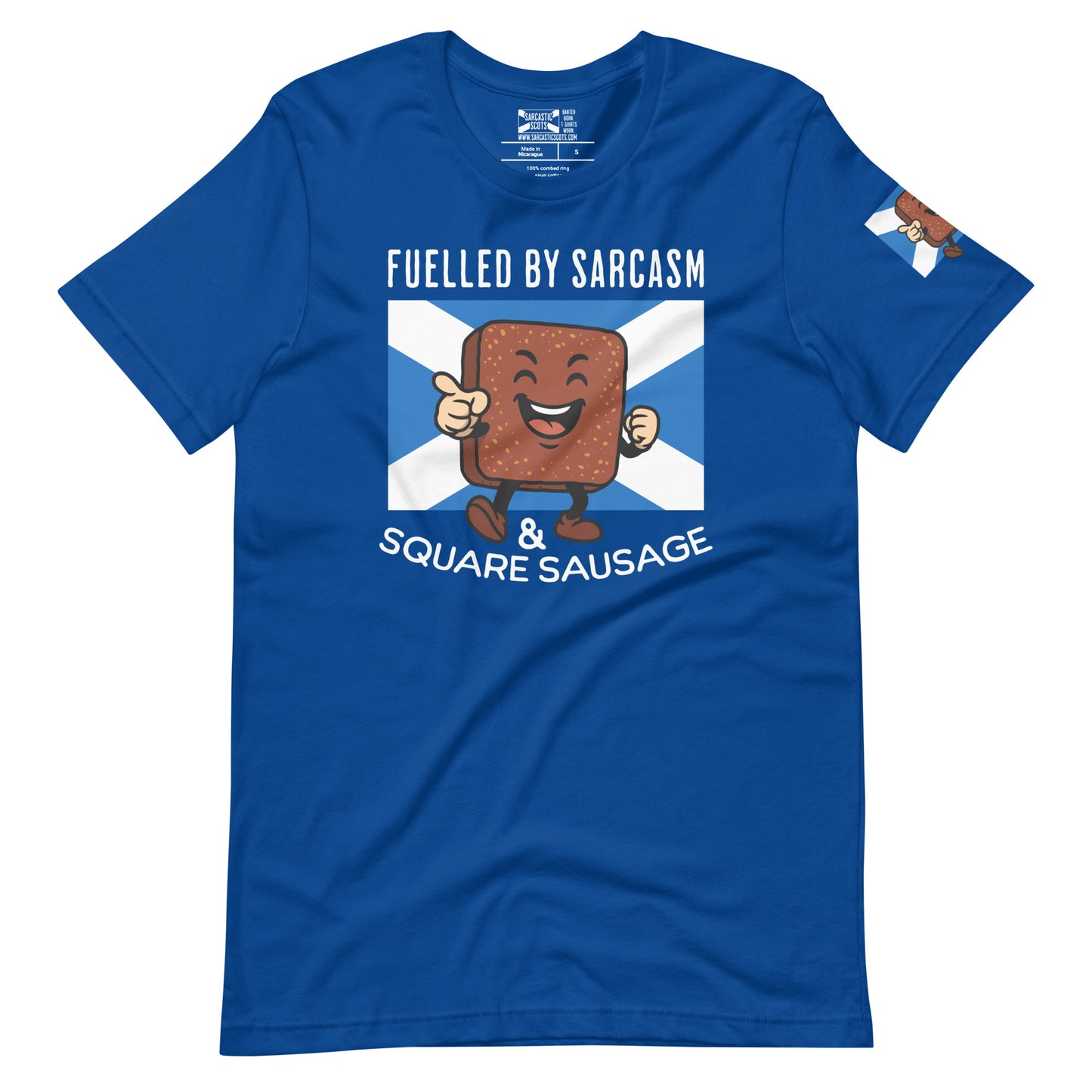 Royal Blue Scottish T-Shirt featuring the slogan "Fuelled By Sarcasm And Square Sausage" by Sarcastic Scots