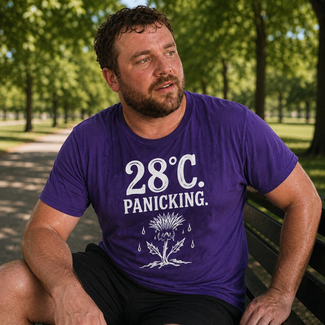 “28°C. Panicking.” Standard Fit T-Shirt