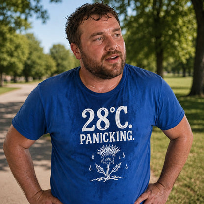 “28°C. Panicking.” Standard Fit T-Shirt