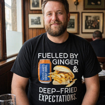 “Fuelled By Ginger & Deep Fried Expectations” Funny Scottish T-Shirt – Premium Soft Feel