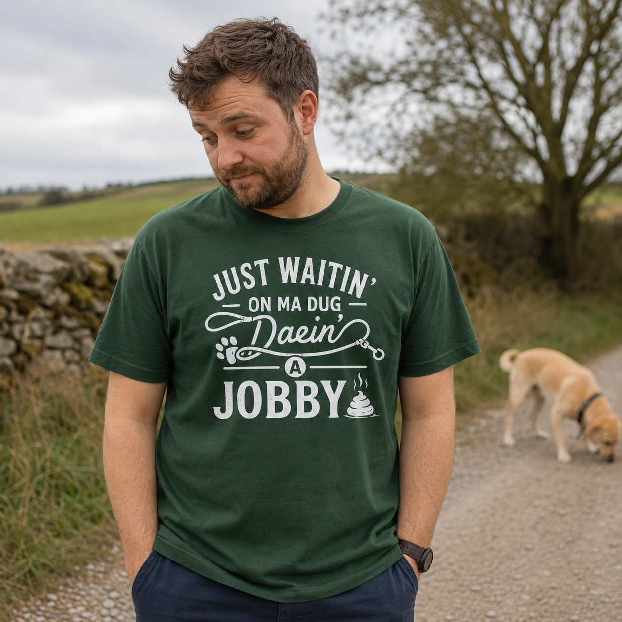 “Just Waitin’ On My Dug Daein’ A Jobby“ Premium Soft T-Shirt