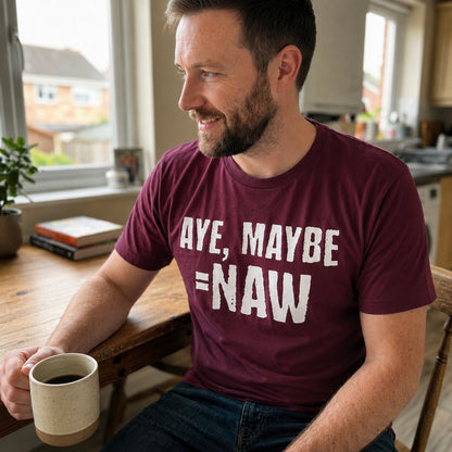 “Aye, Maybe = Naw” Funny Scottish T-Shirt – Premium Soft Feel