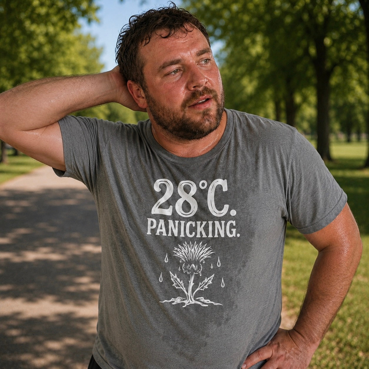 “28°C. Panicking.” Standard Fit T-Shirt