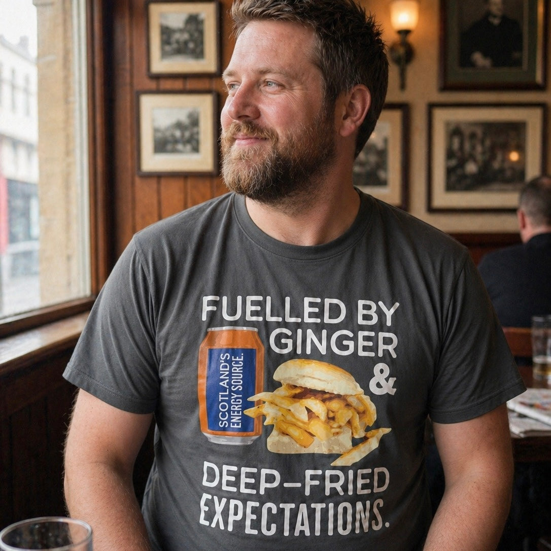 “Fuelled By Ginger & Deep Fried Expectations” Funny Scottish T-Shirt – Premium Soft Feel