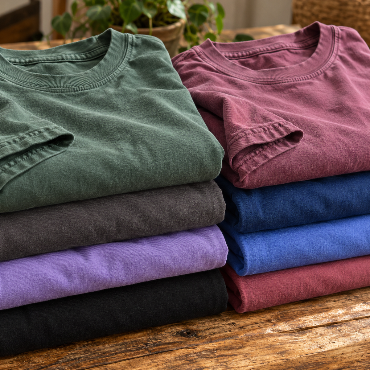 Two neat stacks of folded cotton T-shirts in different colors, placed on a rustic wooden table with a blurred indoor background. The left stack contains olive green, charcoal gray, lavender, and black shirts.