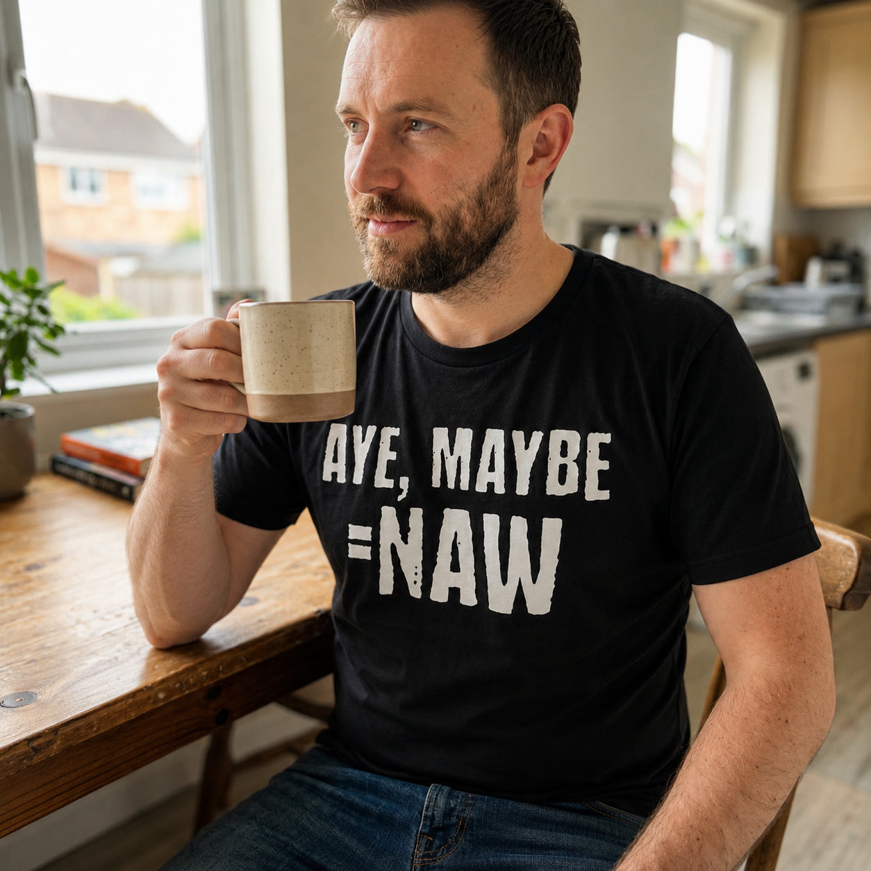 “Aye, Maybe = Naw” Funny Scottish T-Shirt – Premium Soft Feel