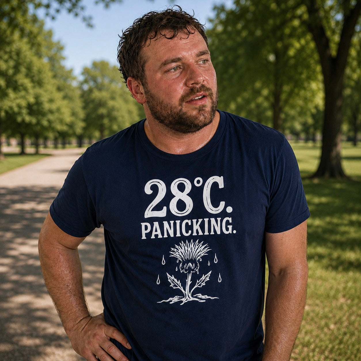 “28°C. Panicking.” Standard Fit T-Shirt