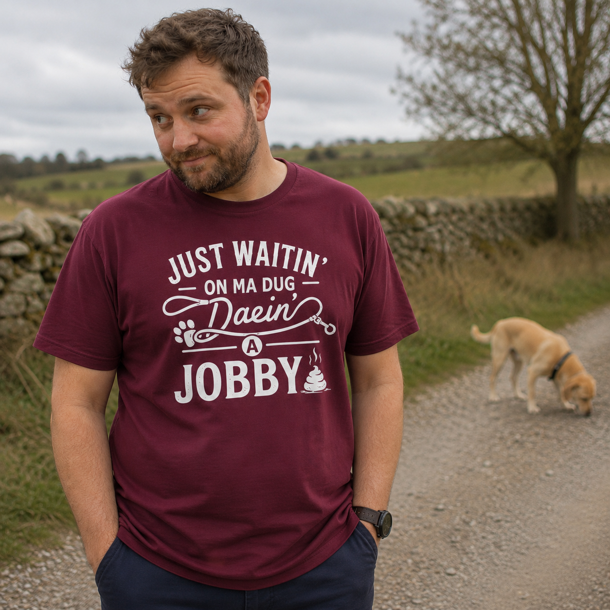 “Just Waitin’ On My Dug Daein’ A Jobby“ Premium Soft T-Shirt