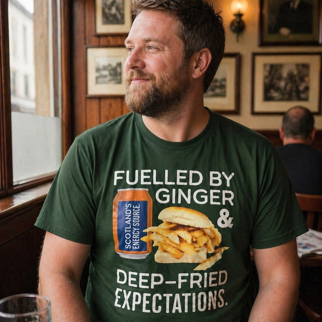 “Fuelled By Ginger & Deep Fried Expectations” Funny Scottish T-Shirt – Premium Soft Feel