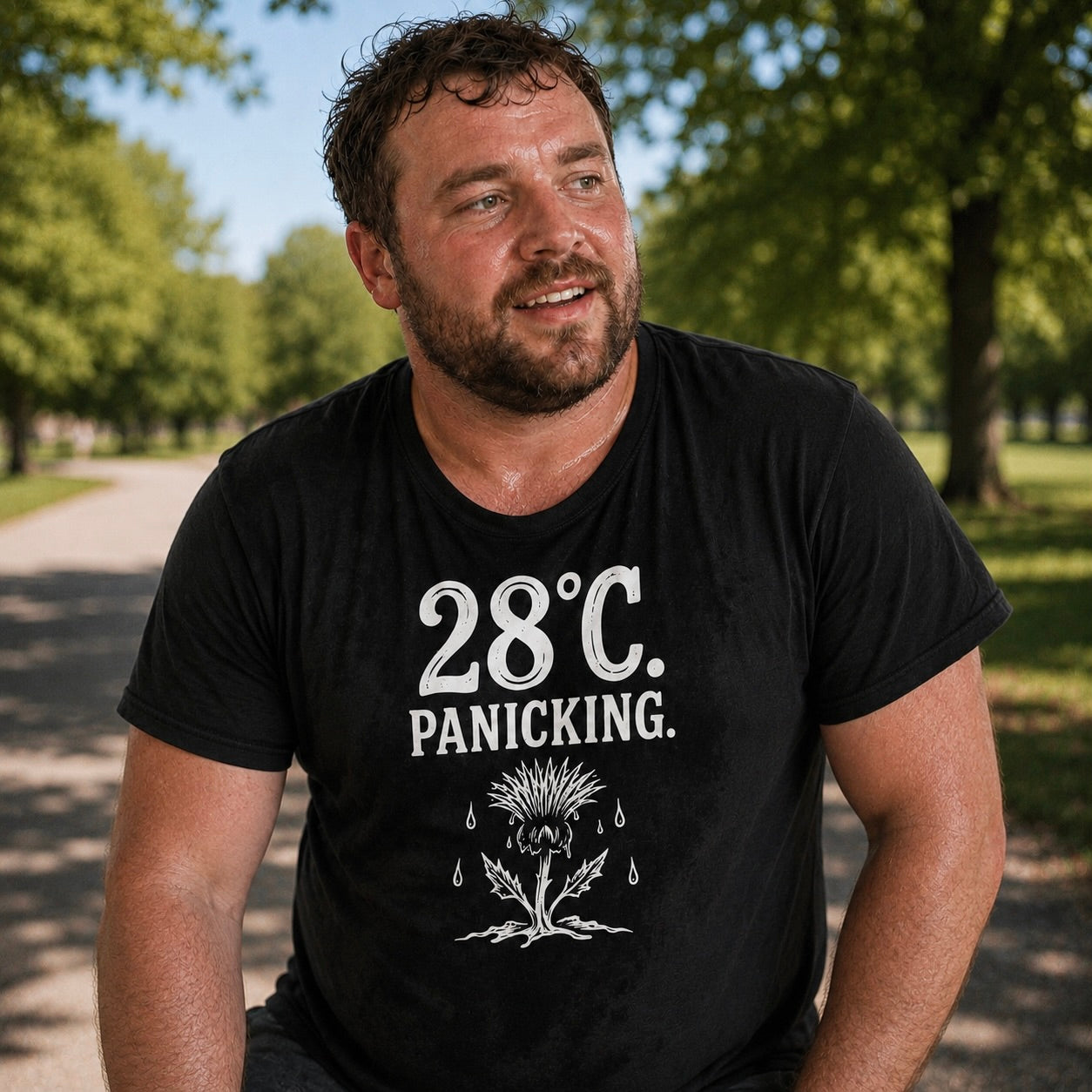 “28°C. Panicking.” Standard Fit T-Shirt