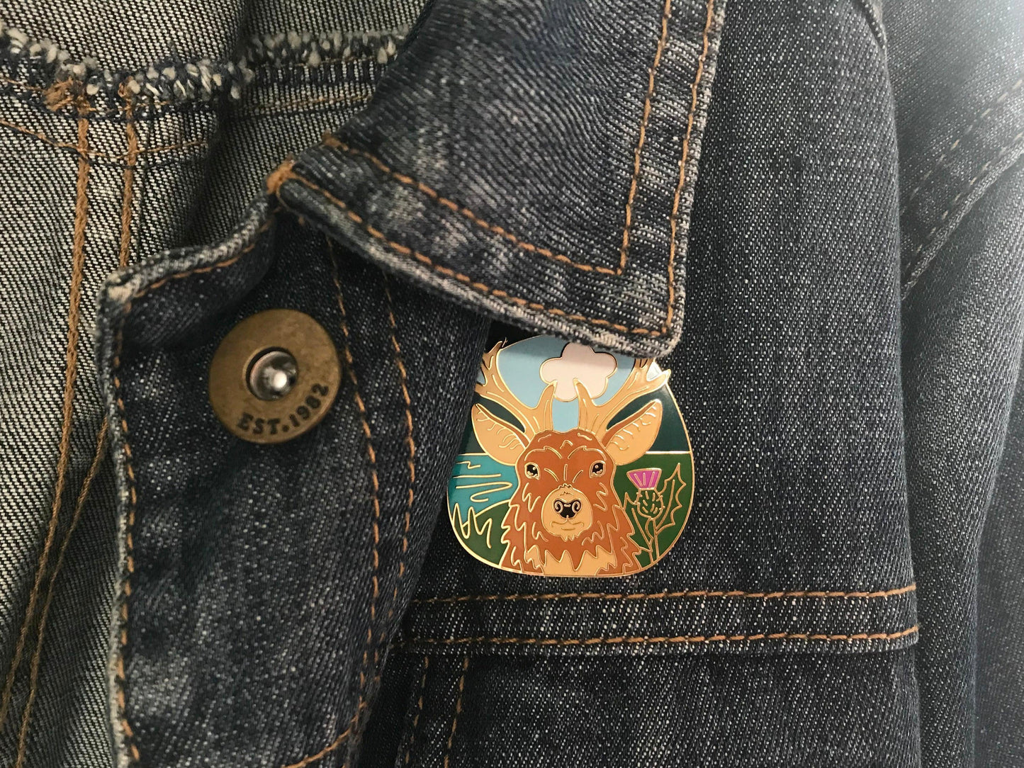 Stag Lover Gift Set, Red Deer Enamel Pin with Scottish Thistles, Postcard and Sticker from Scotland
