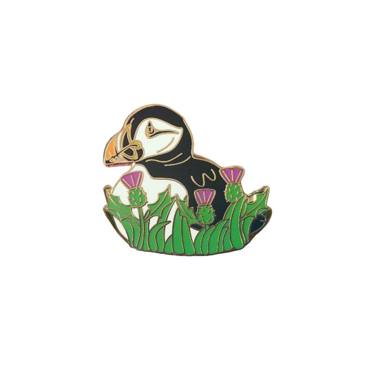 Puffin Enamel Pin with Scottish Thistles