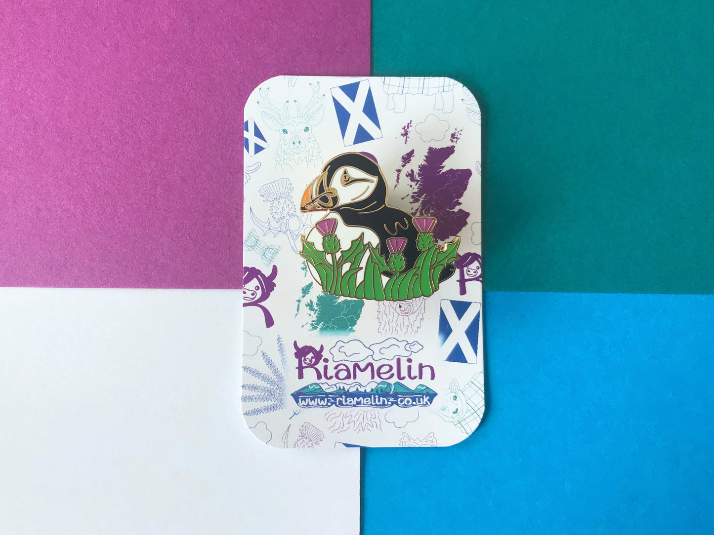 Puffin Lover Gift Set, Enamel Pin with Scottish Thistles, Keychain, Postcard and Sticker from Scotland