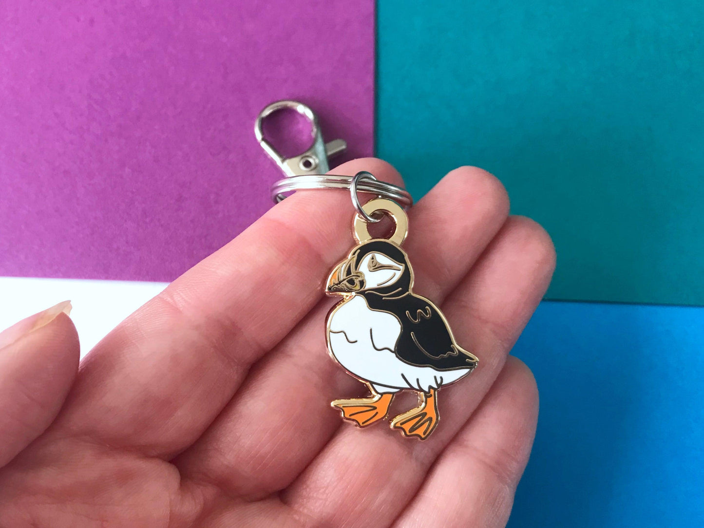 Puffin Lover Gift Set, Enamel Pin with Scottish Thistles, Keychain, Postcard and Sticker from Scotland