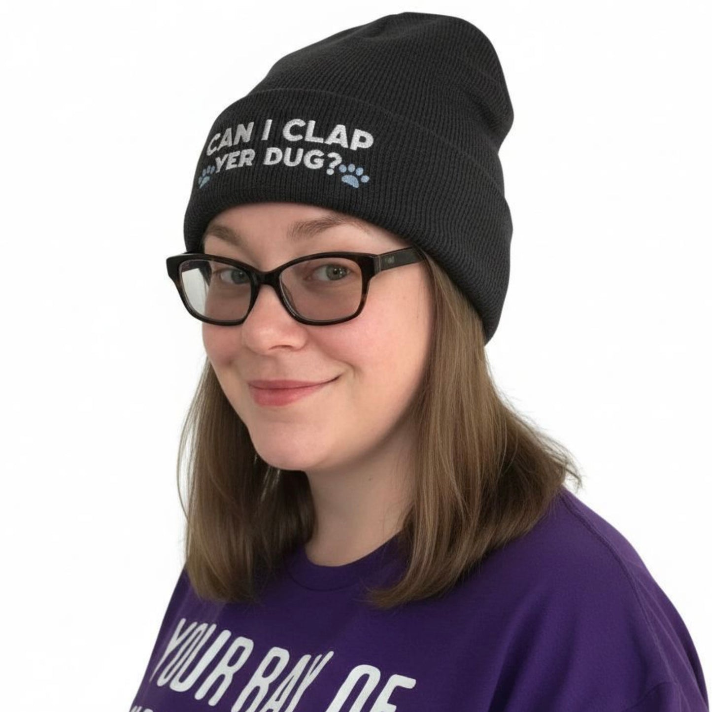 Person Wearing a Gray Embroidered Scottish Beanie Hat – "Can I Clap Yer Dug?" design by Sarcastic Scots