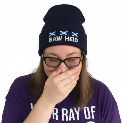 Person Wearing a Navy Embroidered Scottish Beanie Hat – "Baw Heid" design by Sarcastic Scots