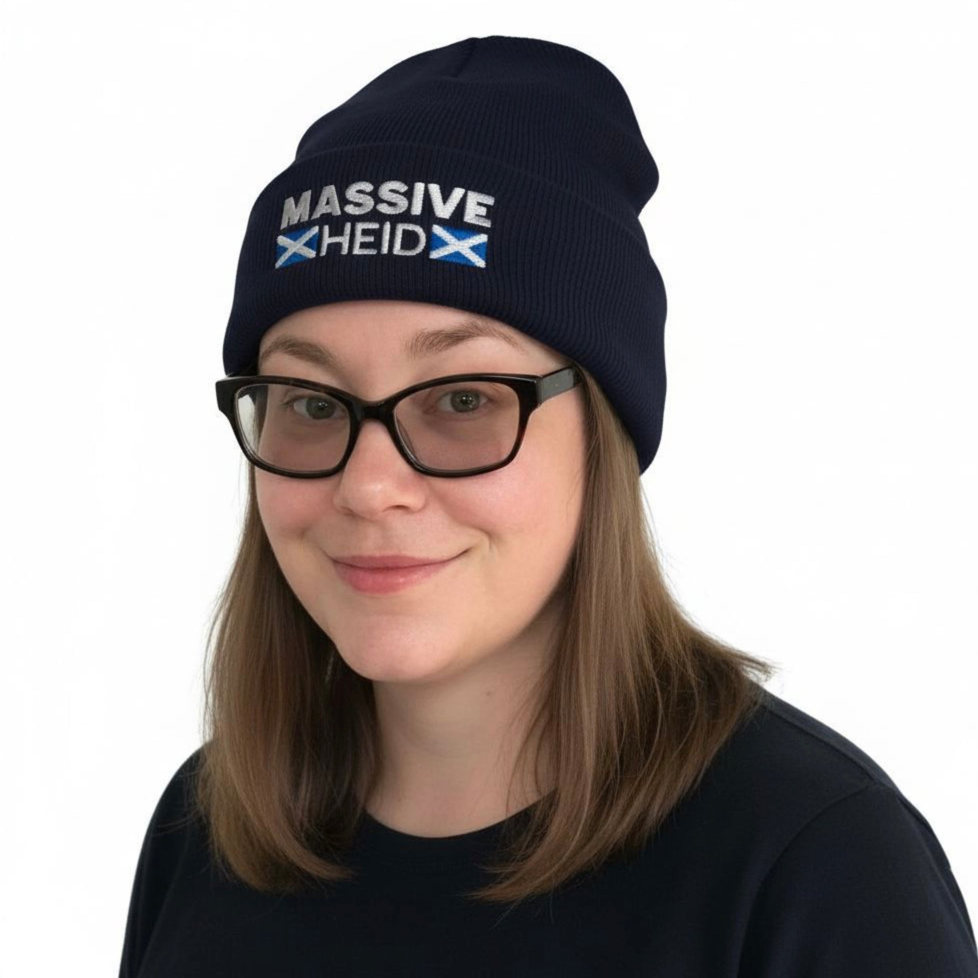 Person Wearing a Navy Embroidered Scottish Beanie Hat – "Massive Heid" design by Sarcastic Scots