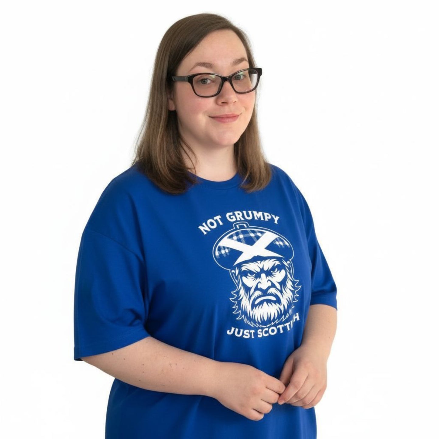 Person Wearing a Royal Blue Scottish T-Shirt featuring the slogan "Not Grumpy, Just Scottish" by Sarcastic Scots