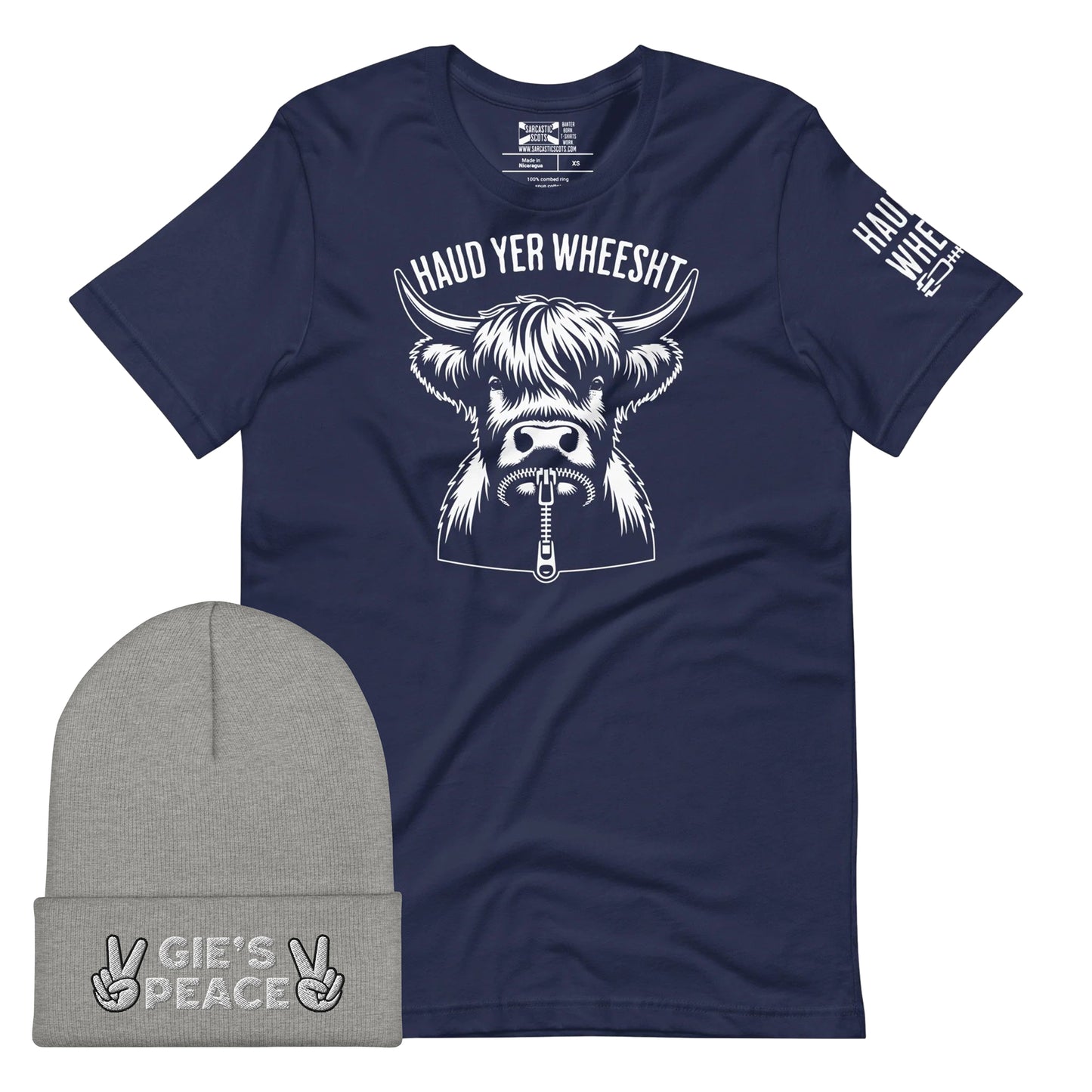 Haud Yer Wheesht and Gie's Peace T-Shirt and Beanie Bundle!