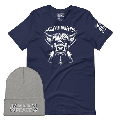 Haud Yer Wheesht and Gie's Peace T-Shirt and Beanie Bundle!