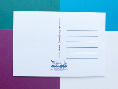 A photo of the back of a Riamelin Postcard, with the Riamelin Logo and website details