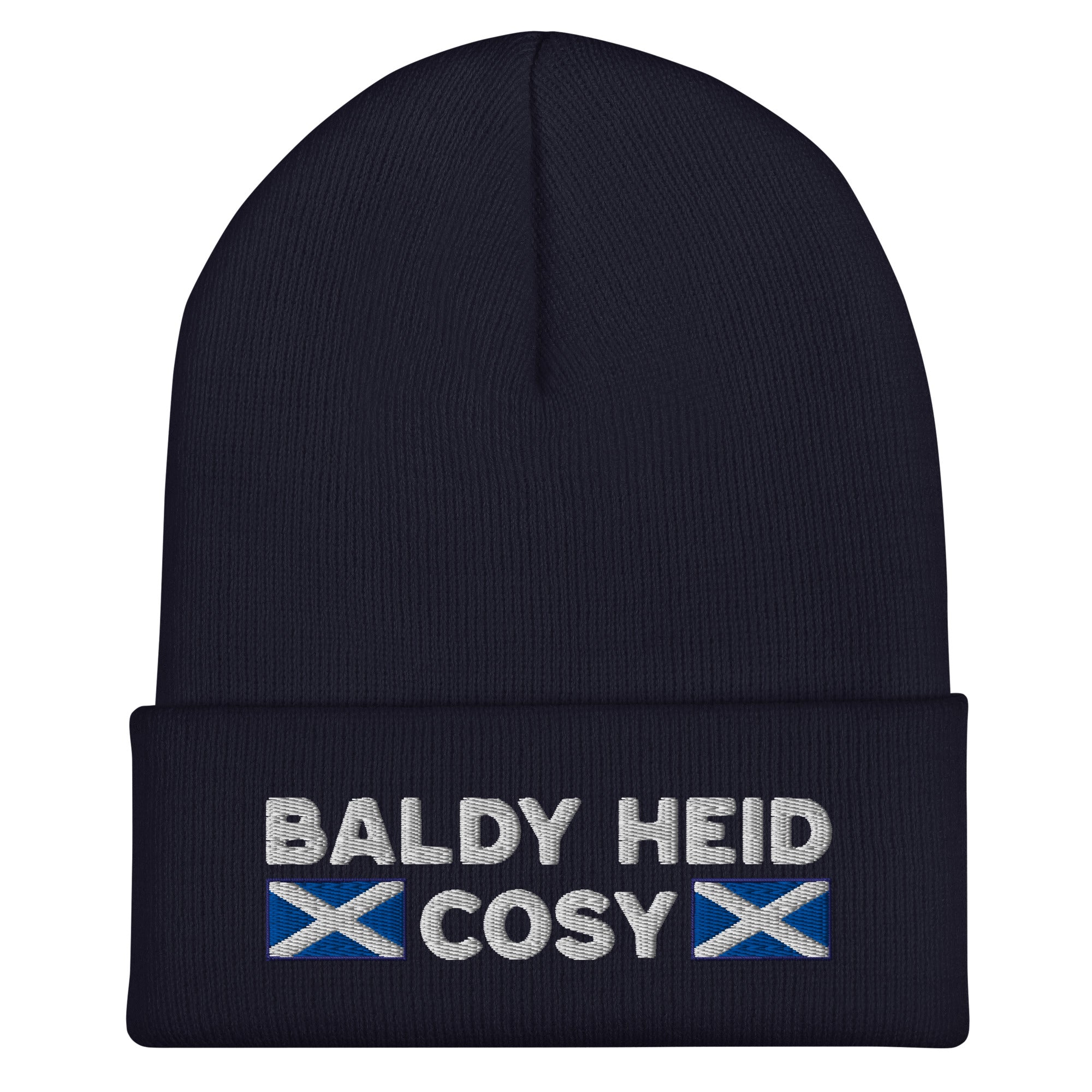 Navy Embroidered Scottish Beanie Hat – "Baldy Heid Cosy" design by Sarcastic Scots