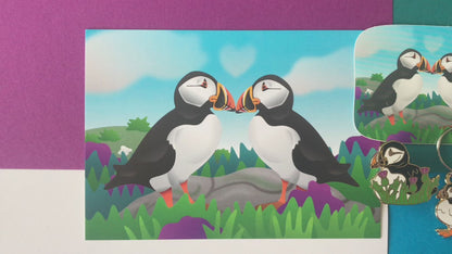 Puffin Lover Gift Set, Enamel Pin with Scottish Thistles, Keychain, Postcard and Sticker from Scotland