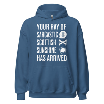 Blue Scottish Hoodie featuring the slogan "Your Ray of Sarcastic Scottish Sunshine Has Arrived" by Sarcastic Scots