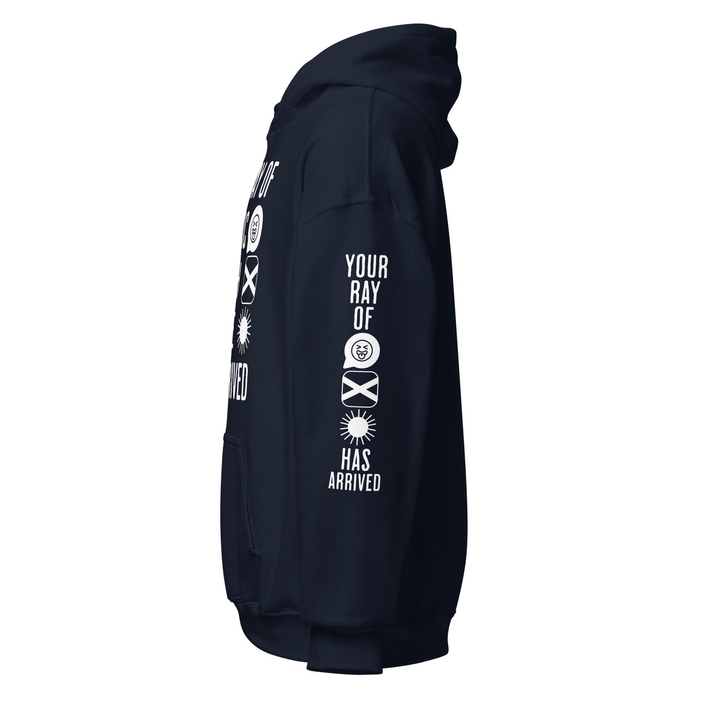 Navy hoodie with white text and graphics on a white background