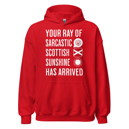 Red Scottish Hoodie featuring the slogan "Your Ray of Sarcastic Scottish Sunshine Has Arrived" by Sarcastic Scots